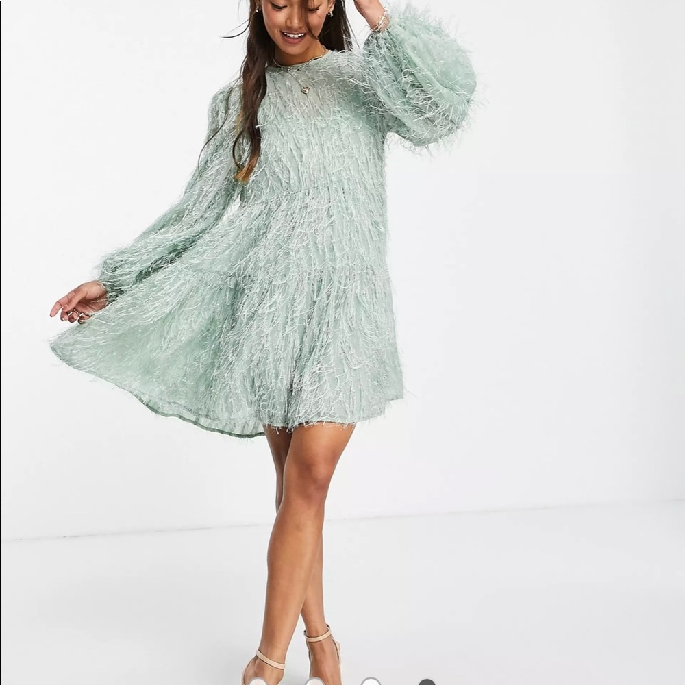 ASOS Green Pleated Long Sleeve Dress for Wedding Guest